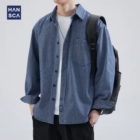 hansca条纹长袖衬衫男宽松翻领2023秋季潮牌日系休闲复古衬衣外套商品大图