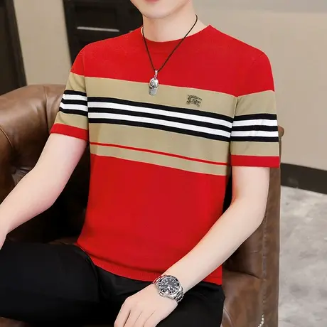 2024新款夏季男士短袖毛衣修身条纹半袖针织衫百搭薄款圆领打底衫商品大图