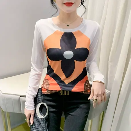 欧货女装扎染印花上衣女时尚圆领网纱T恤钻袖洋气修身显瘦打底衫图片