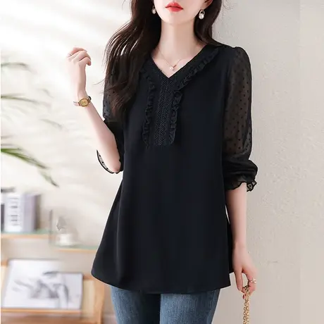 七分袖雪纺衬衫女春夏季新款宽松加大码女装中年妈妈v领休闲上衣商品大图