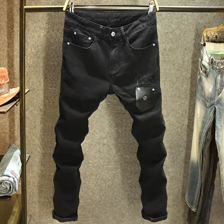 黑色刺绣勋章牛仔裤男款弹力修身小脚裤春夏季百搭纯黑色帅气裤子商品大图