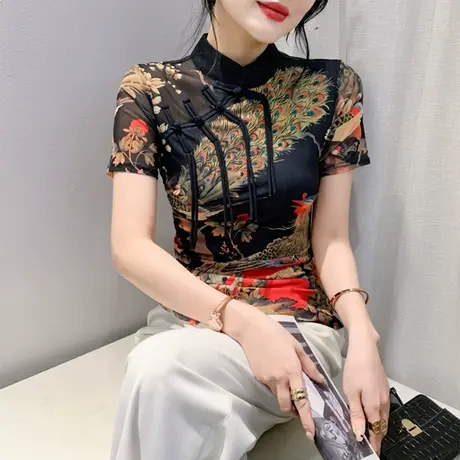 国风复古盘扣上衣女短袖漂亮印花立领T恤夏装气质网纱修身打底衫商品大图