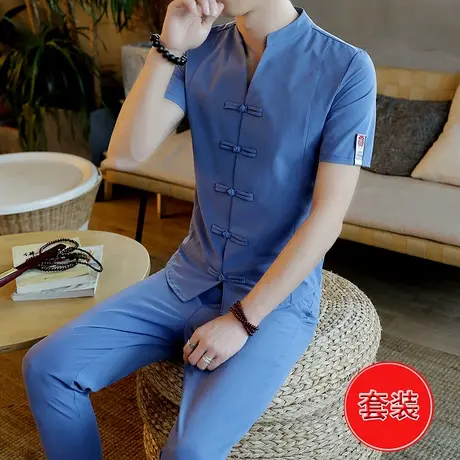 中国风男装汉服短袖一套装衬衫男士复古盘扣唐装t恤夏季大码衣服商品大图