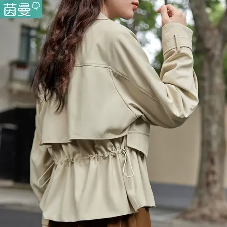 茵曼卡其色工装外套女2024新款春秋季短款夹克小个子风衣品牌图片