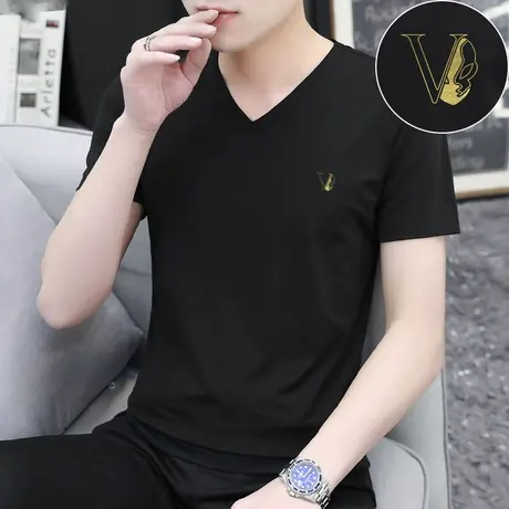 莫代尔短袖t恤男士V领夏季潮流冰丝冰感半袖黑色上衣服打底衫体恤商品大图