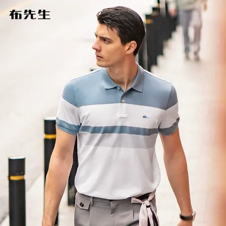 MrBu布先生夏新款祥云刺绣纯棉青年装男士美式拼接翻领T恤AT11730商品大图