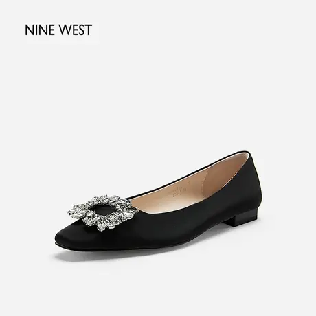 Nine West/玖熙低跟单鞋女2023年秋季新款方钻浅口丝绸牛皮平底鞋商品大图