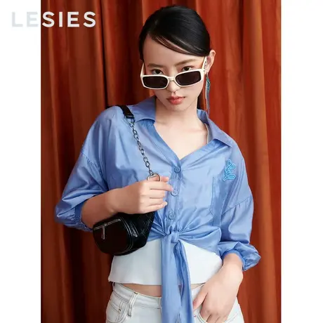 LESIES蓝色倾情春秋女装线下专柜蓝绣花系带短款七分袖衬衫上衣图片
