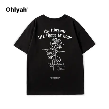 Ohlyah潮牌植物花卉原创线性玫瑰印花高街宽松休闲短袖T恤男女款商品大图