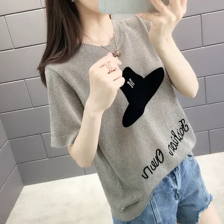 网红短袖t恤女夏装2023新款韩版宽松字母冰丝针织衫女上衣潮商品大图