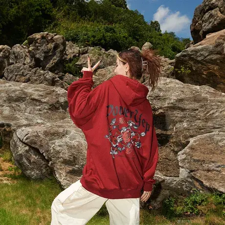 YEP美式复古酒红色连帽卫衣女春秋2023新款印花宽松oversize外套商品大图