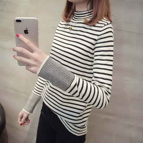 条纹毛衣女冬加厚半高领打底套头百搭韩版宽松针织衫女装秋季内搭图片