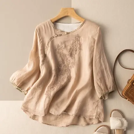享永子七分袖斜襟盘扣苎麻上衣刺绣宽松显瘦棉麻小衫2023春夏新款商品大图