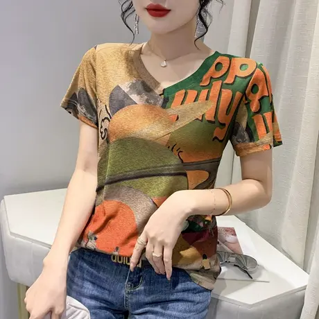 欧货个性T恤女短袖ins潮夏季设计感印花洋气上衣显瘦修身百搭小衫商品大图