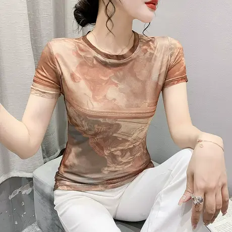 复古印花T恤女短袖2023夏季新款气质圆领小衫时尚网纱修身上衣潮商品大图