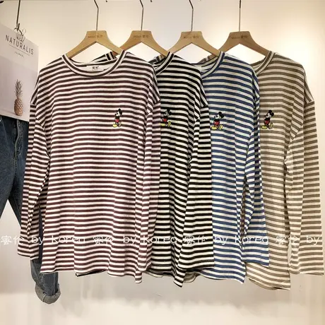 韩国东大门长袖T恤2020秋款刺绣卡通条纹T恤竹节棉打底衫宽松大码图片