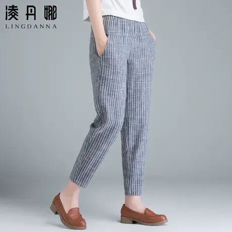 棉麻裤女宽松亚麻女裤夏季薄款条纹裤子女夏萝卜裤休闲九分哈伦裤图片