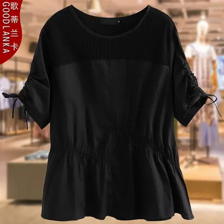 夏季大码200斤五分袖上衣设计感洋气时尚中年胖妈妈小个子拼接T恤商品大图