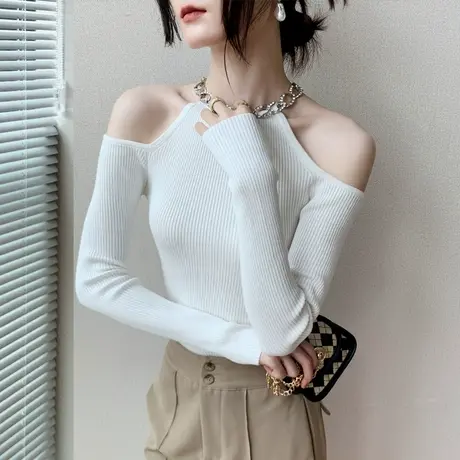 露肩长袖针织衫2023春季新款纯色修身显瘦链条设计感内搭打底上衣图片