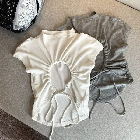 轻熟大姐姐 后背抽绳纯欲露背华夫格小高领短袖T恤女商品大图