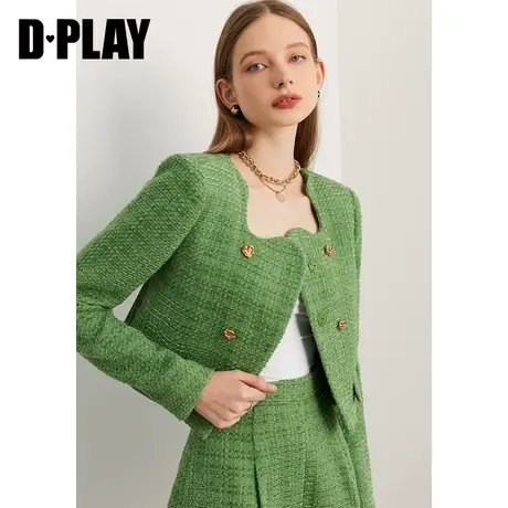 DPLAY秋装新小香风森林绿不规则花边领定制金属扣粗花呢外套商品大图