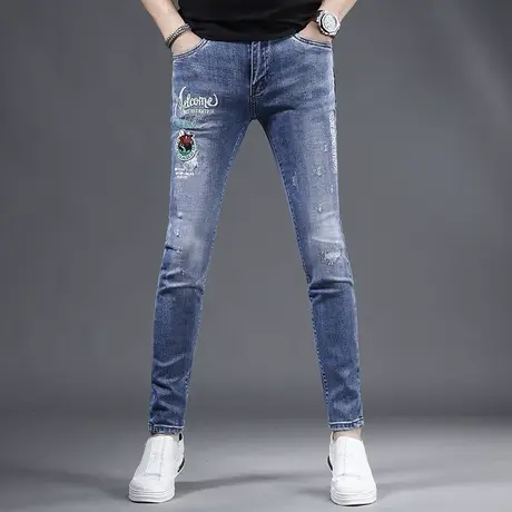 刺绣牛仔裤男款修身小脚裤2023新款夏季薄款蓝色弹力男士绣花裤子图片