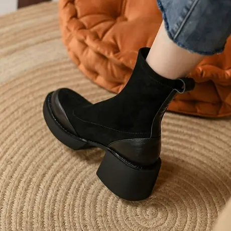 瘦瘦靴子2023年新款秋冬单靴马丁靴短筒高跟弹力靴厚底粗跟女短靴图片