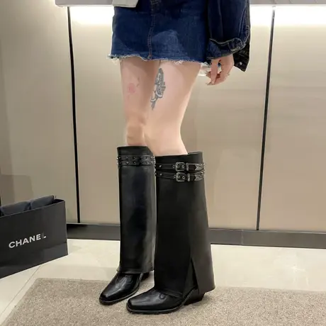 裤腿靴女2023秋新款粗跟时尚气质显瘦超火网红显腿长尖头朋克长靴图片