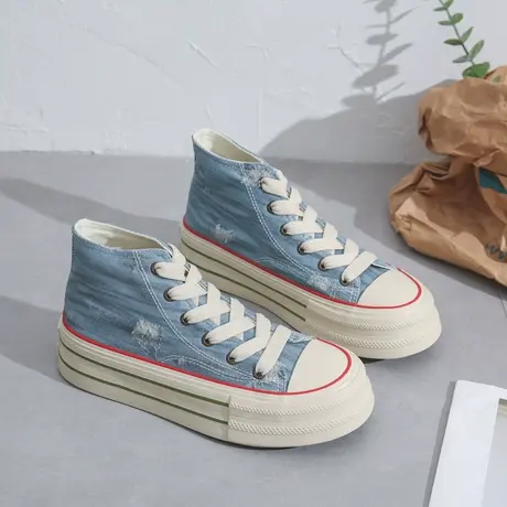 高帮2023新款水洗牛仔蓝帆布鞋女透气厚底百搭休闲鞋复古夏季鞋子商品大图