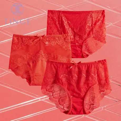 TINGE本命年性感蕾丝女士内裤女生肖本命年结婚喜庆大红色三角裤图片