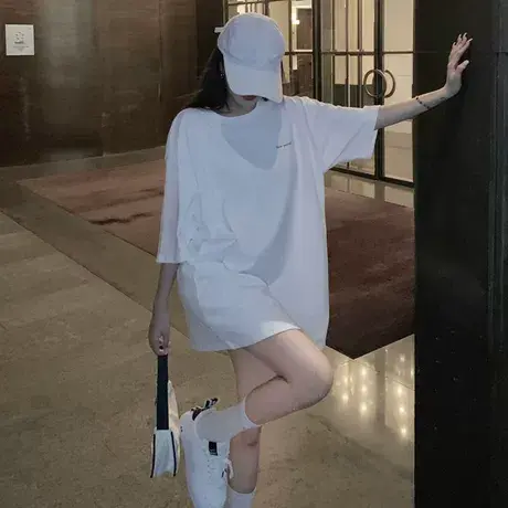 大码胖mm短袖t恤女新款夏季宽松遮肚中长款百搭显瘦圆领上衣200斤商品大图