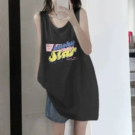 美式纯棉吊带坎肩背心无袖t恤女2023新款夏季外穿宽松篮球服上衣图片