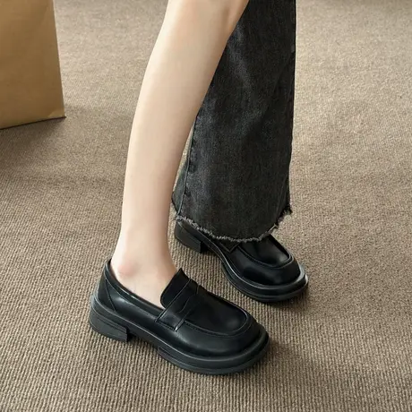 小皮鞋女春秋百搭2024新款英伦风黑色厚底一脚蹬乐福鞋jk制服单鞋商品大图