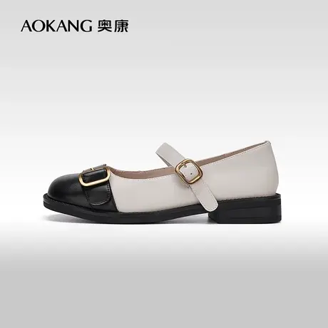 【门店发货】奥康女鞋 秋季气质优雅浅口一字扣带玛丽珍拼色单鞋图片