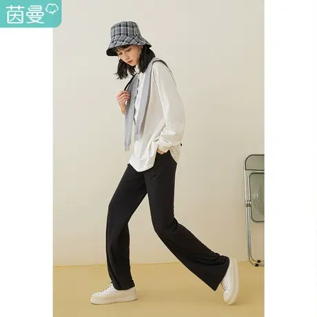 茵曼2023春装新款弹力松紧腰绑带高腰阔腿直筒竖纹口袋宽松休闲裤图片