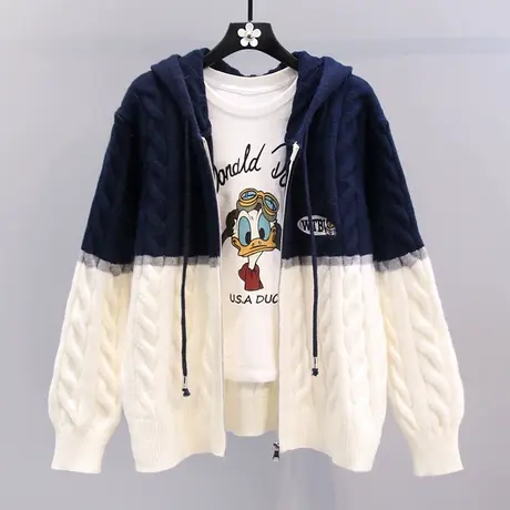 韩系拼色拉链连帽麻花毛衣外套女2023新款宽松学院风休闲针织开衫商品大图