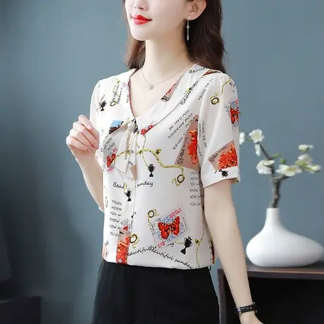 别致雪纺衬衫短袖女上衣2023新款夏季遮肚子时尚宽松显瘦衬衣女装图片