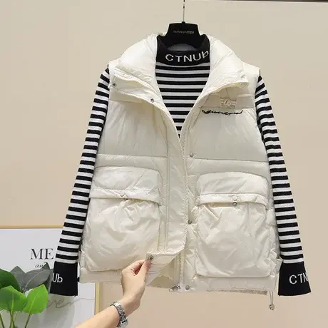 2023秋冬轻薄羽绒棉服马甲外套女宽松刺绣背心马夹小个子抽绳坎肩商品大图