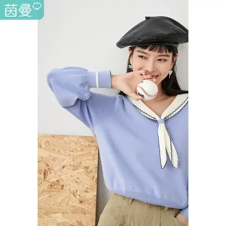 【商场同款】茵曼海军翻领针织衫女2023春季新款减龄套头休闲毛衣图片