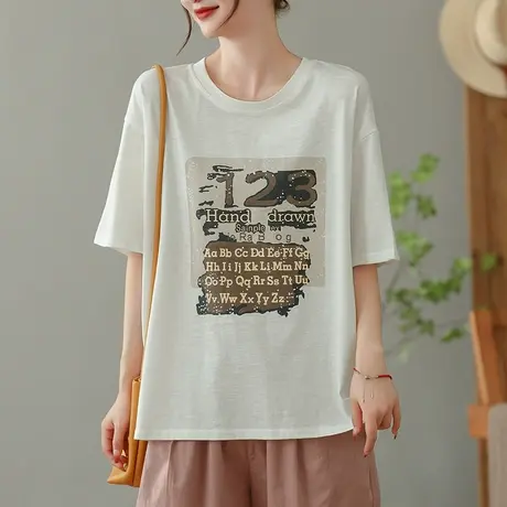 dza复古字母纯棉短袖T恤女2023夏薄白色打底体恤休闲宽松套头上衣商品大图