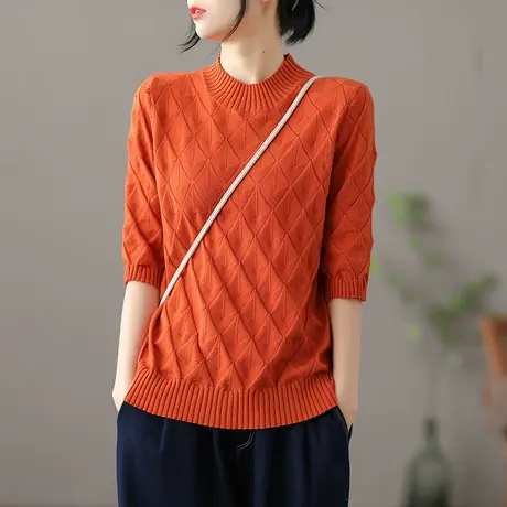 dza 文艺复古打底衫女士宽松针织衫春季新款七分袖上衣女休闲毛衣图片