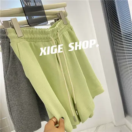 运动短裤女纯色高腰百搭显瘦宽松松紧腰休闲阔腿热裤夏清新绿显白商品大图