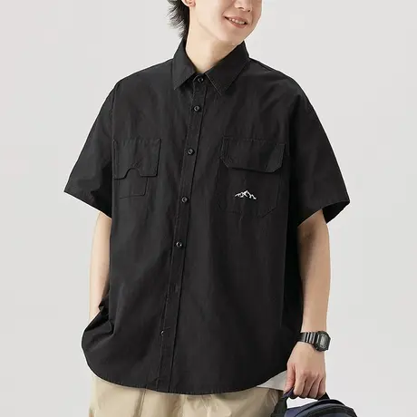 男士黑色纯棉衬衫男短袖潮牌夏季衬衣外套高级感2022新款休闲上衣商品大图