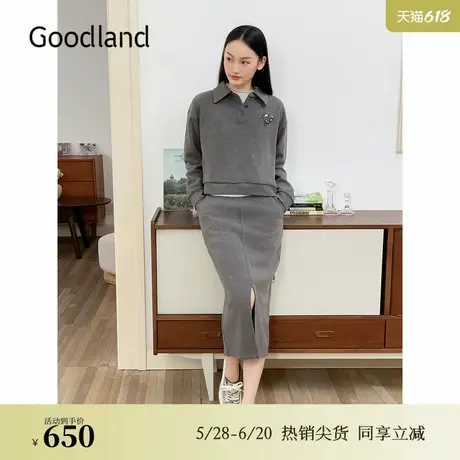 Goodland美地2024冬季新款格雷系翻领衬衫爱心镶钻章仔上衣图片