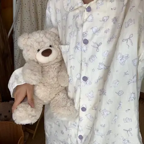 上新！城堡花园长袖长裤套装纯棉翻领双层纱布睡衣可外穿居家睡衣商品大图