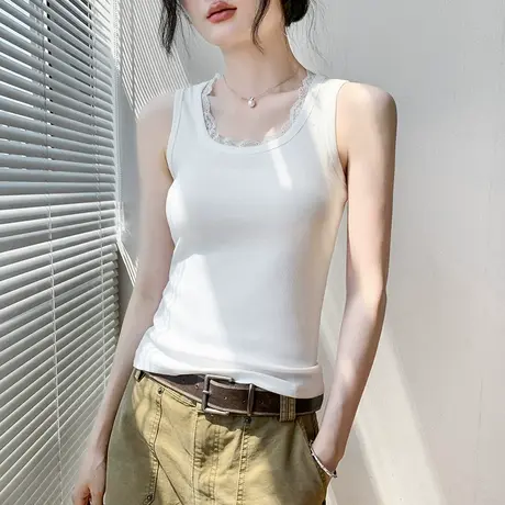 蕾丝拼接圆领纯色背心女夏外穿2025新款简约修身显瘦内搭无袖上衣商品大图