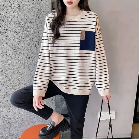 秋装女上衣针织打底衫2023年爆款条纹宽松女毛衣内搭洋气女装春秋图片