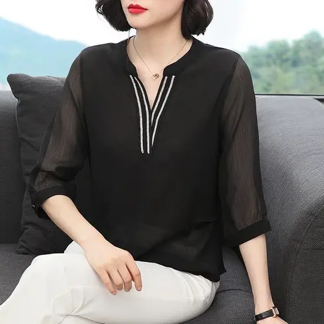 雪纺衬衫女宽松中袖洋气大码妈妈春夏装2023年新减龄黑色小众上衣图片
