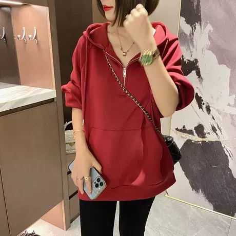 欧洲站半拉链纯色连帽长袖卫衣女春秋2023年新款时尚宽松百搭上衣商品大图