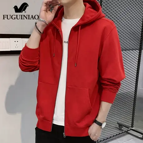富贵鸟红色开衫卫衣男士本命年连帽上衣2025年春季休闲外套男秋冬图片